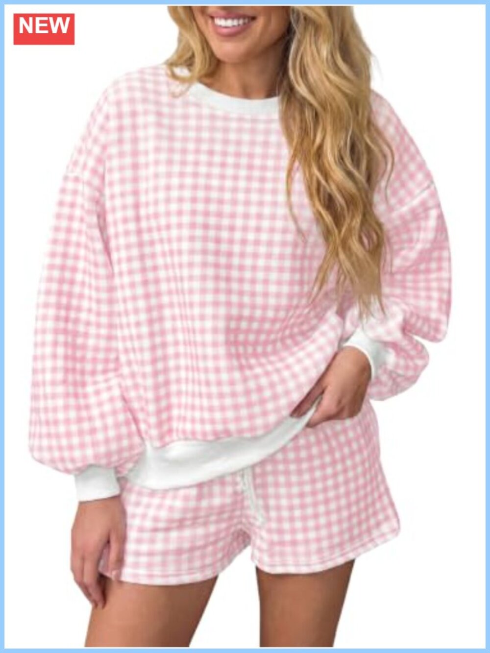 Women's Gingham 2-Piece Lounge Set Long Sleeve Sweatshirt & High Waisted Shorts